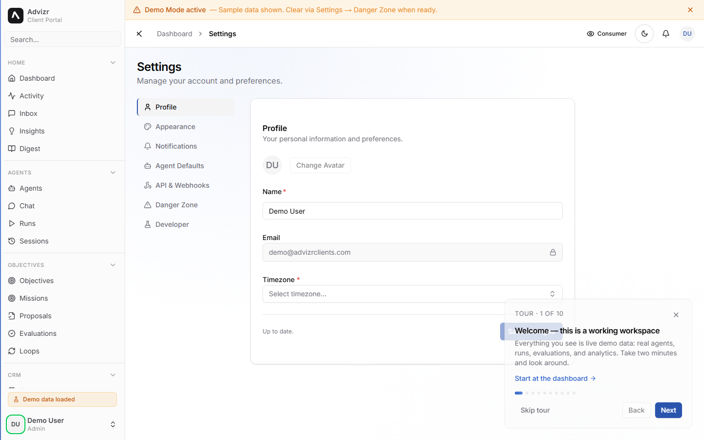 Settings page