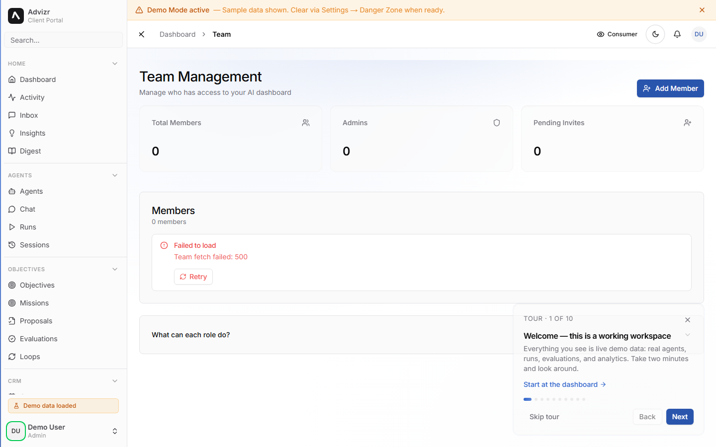 Team management page showing members and their role badges