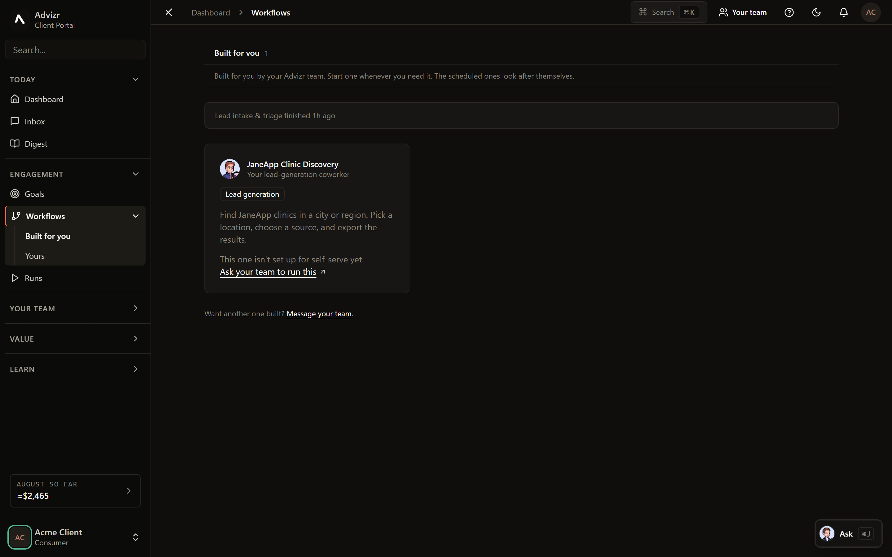 The Workflows screen